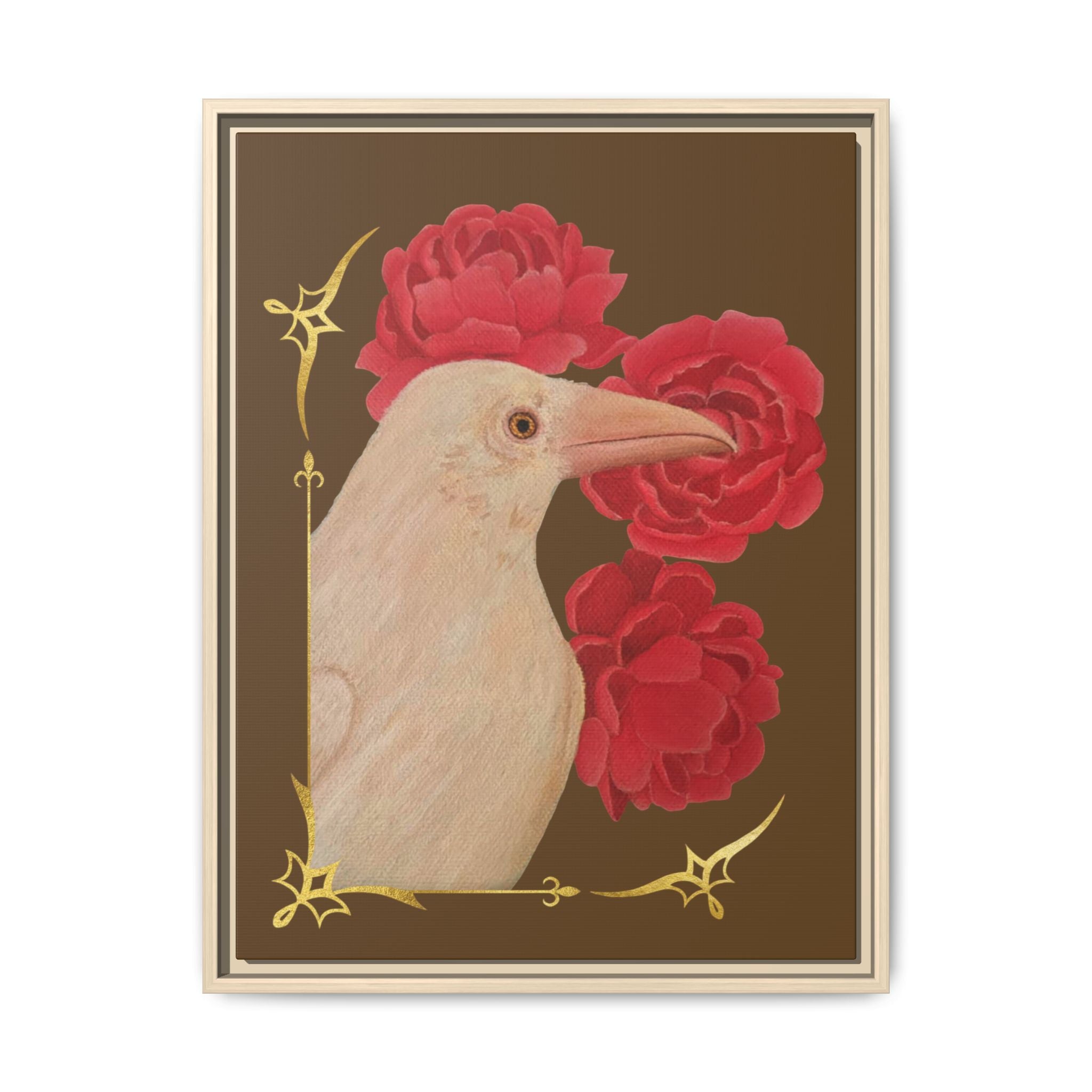 Framed Matte Canvas: White Raven with Red Peonies Art Print