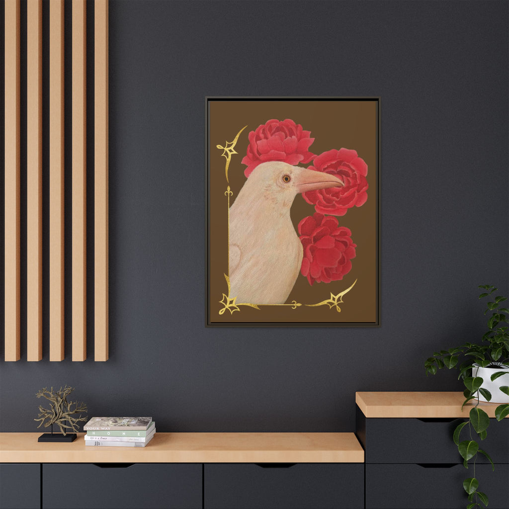 Framed Matte Canvas: White Raven with Red Peonies Art Print