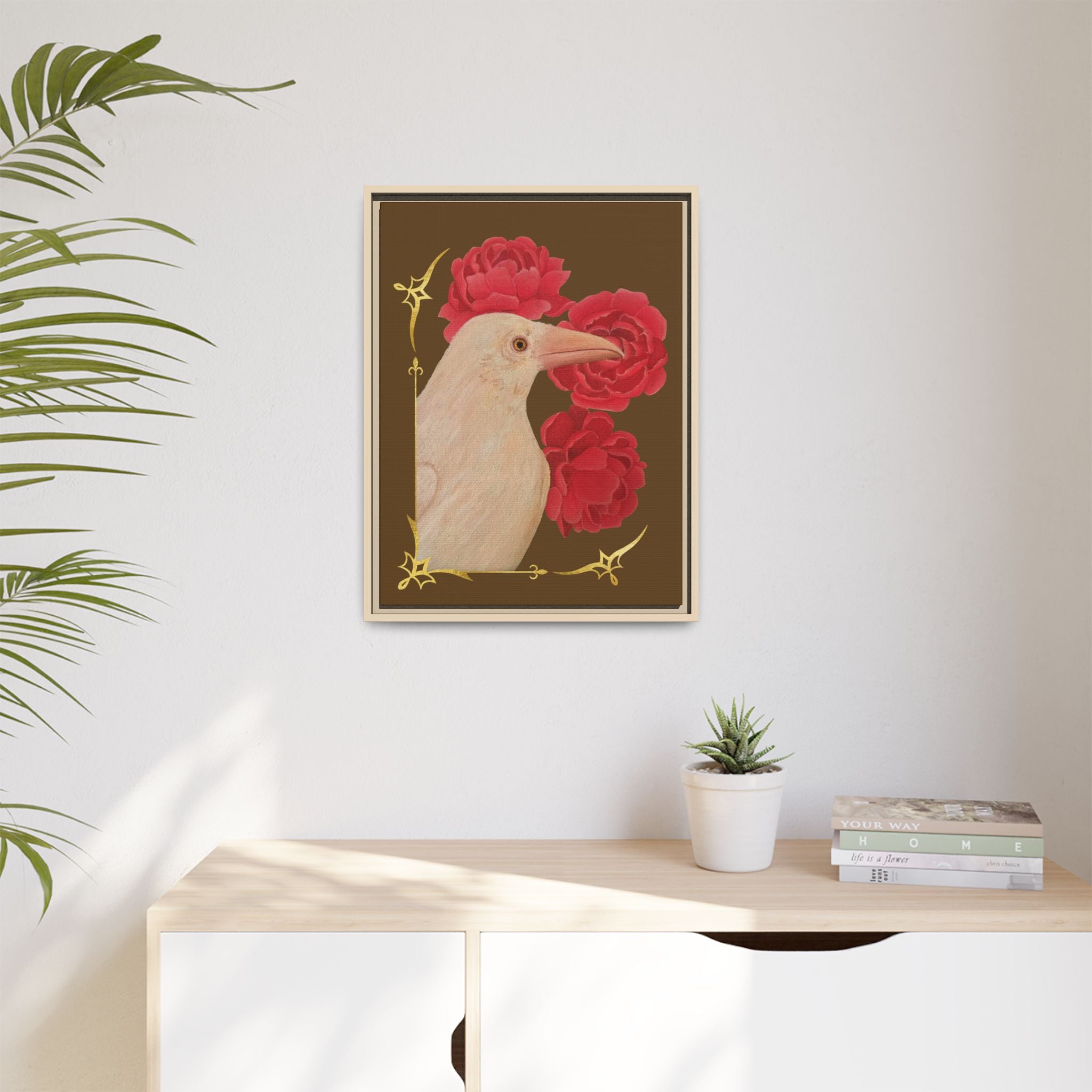 Framed Matte Canvas: White Raven with Red Peonies Art Print