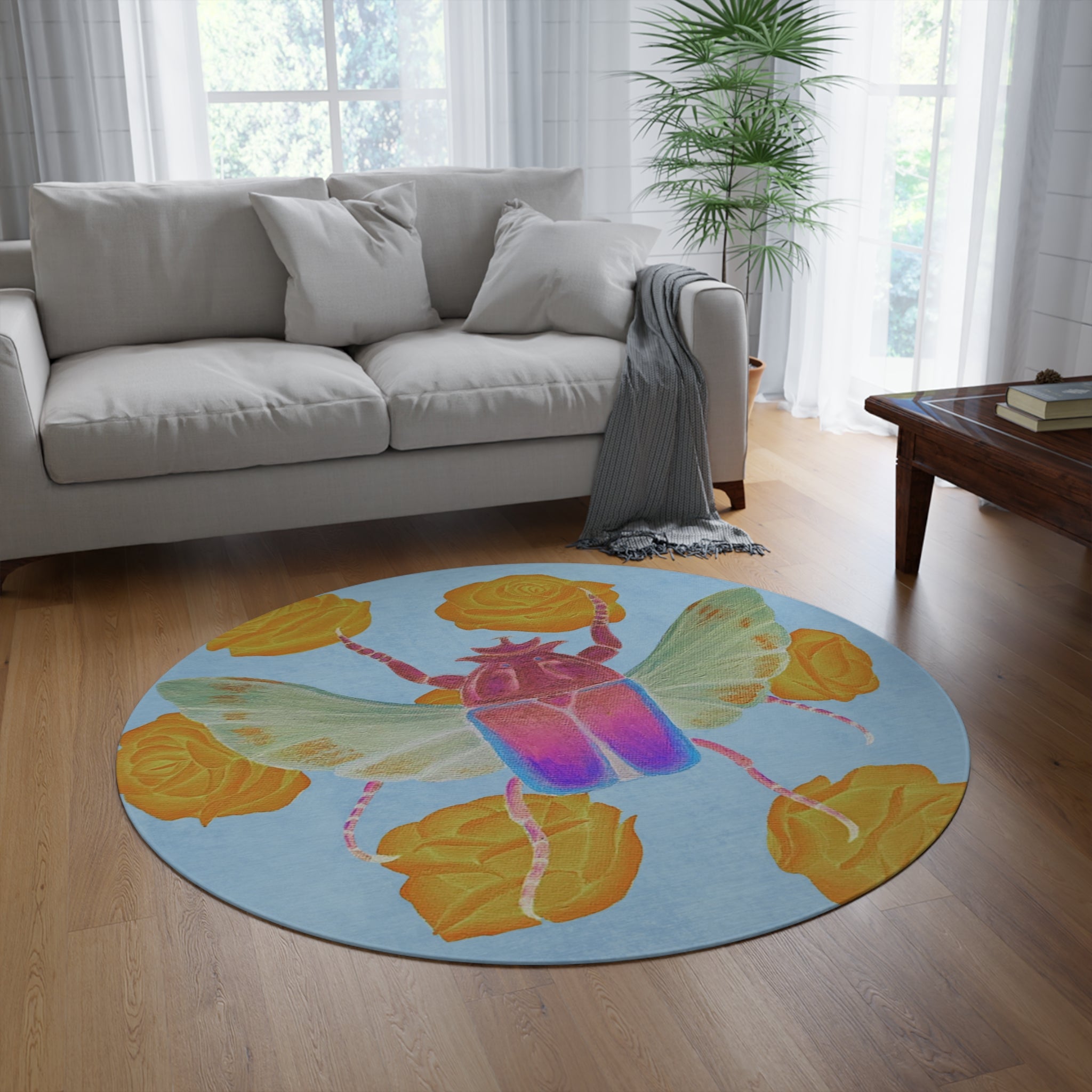 Round Botanical Beetle Rug — Colorful Scarab & Yellow Roses Accent Mat