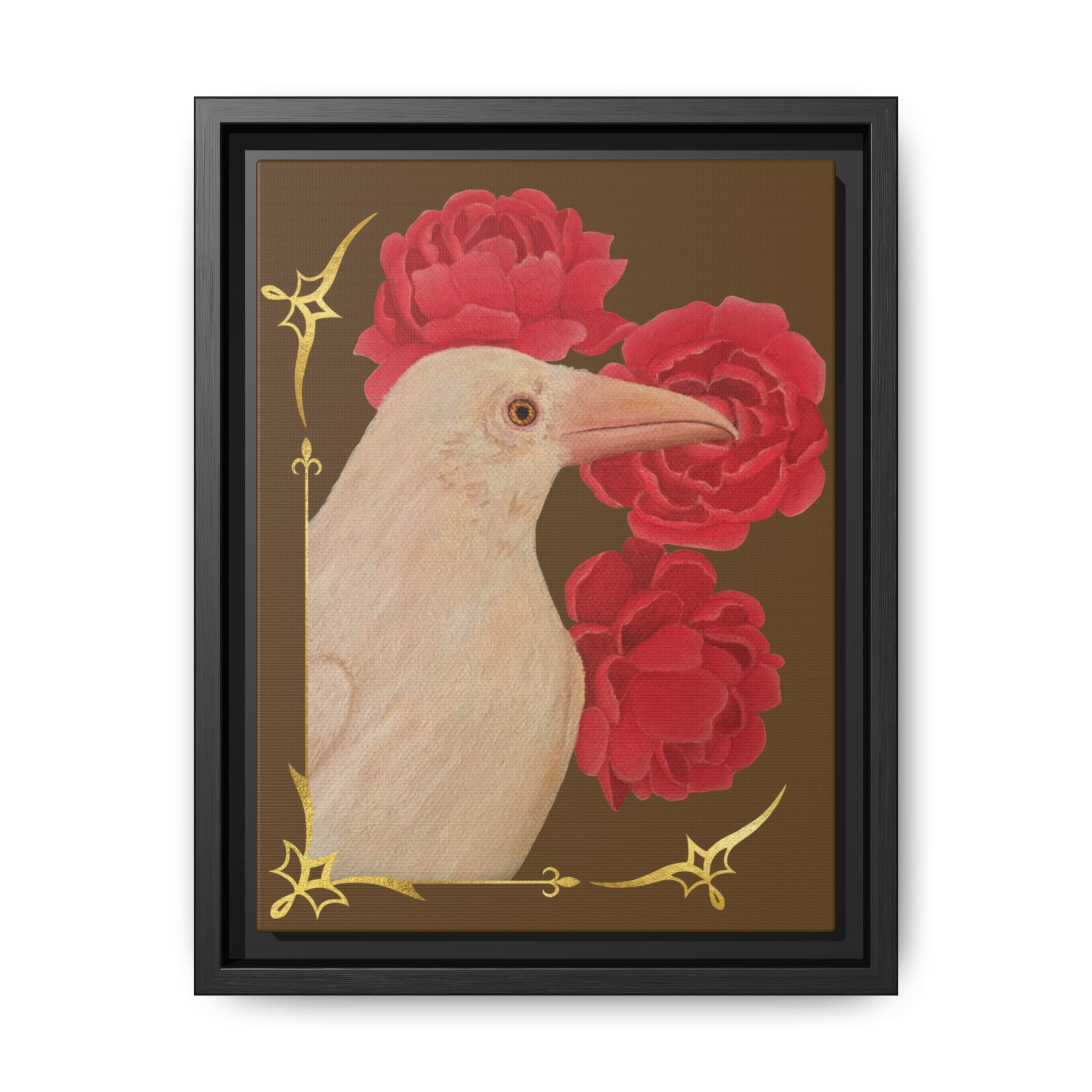 Framed Matte Canvas: White Raven with Red Peonies Art Print