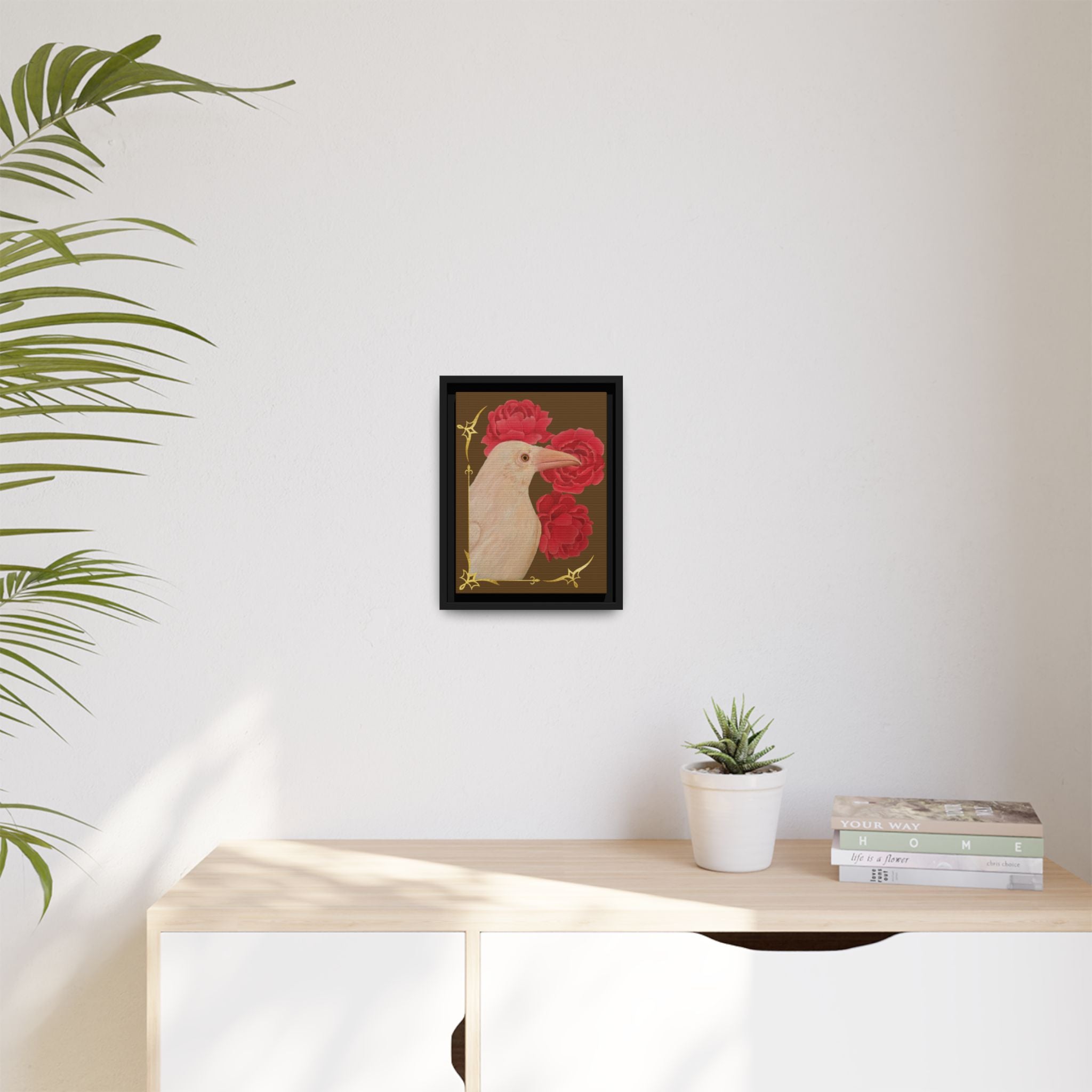 Framed Matte Canvas: White Raven with Red Peonies Art Print