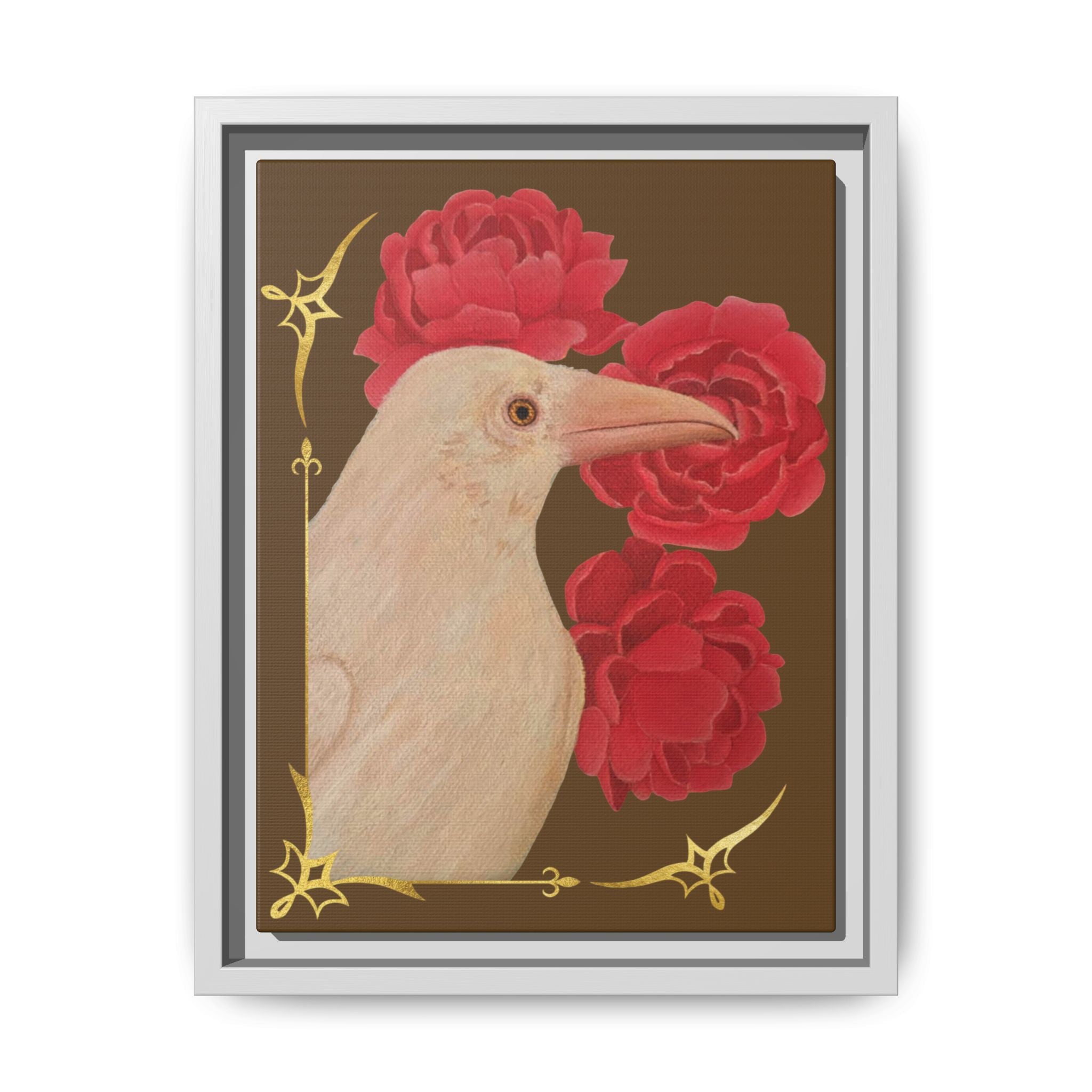 Framed Matte Canvas: White Raven with Red Peonies Art Print