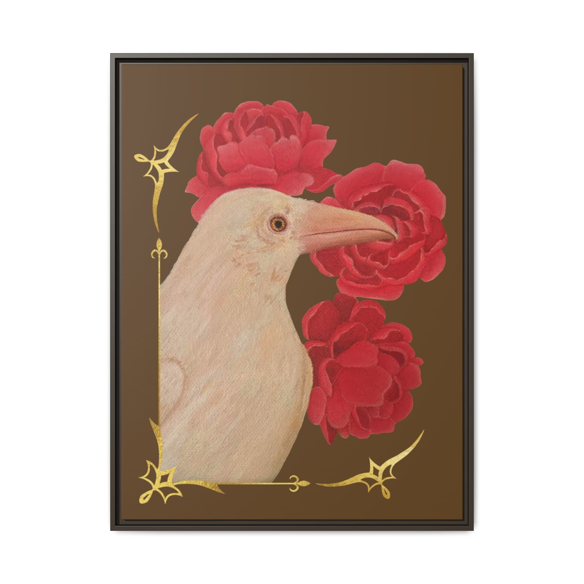 Framed Matte Canvas: White Raven with Red Peonies Art Print