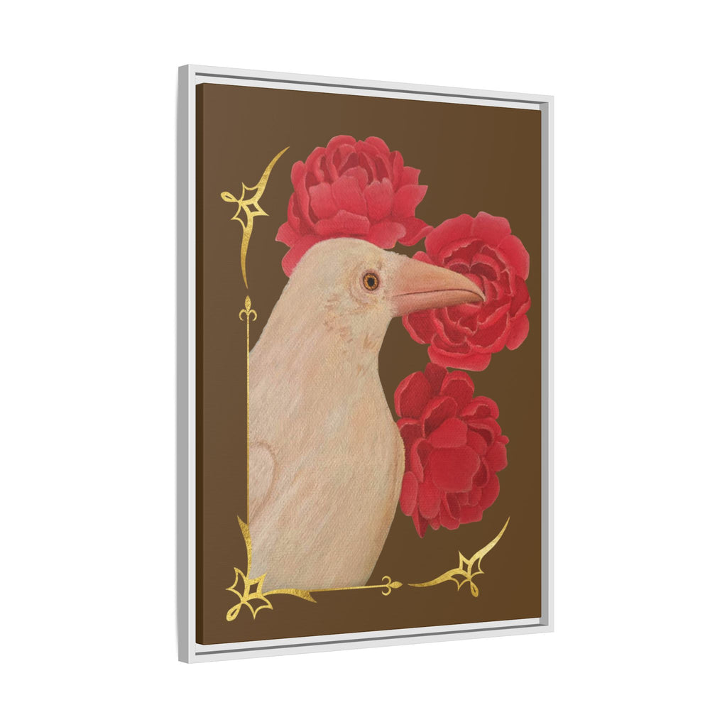 Framed Matte Canvas: White Raven with Red Peonies Art Print