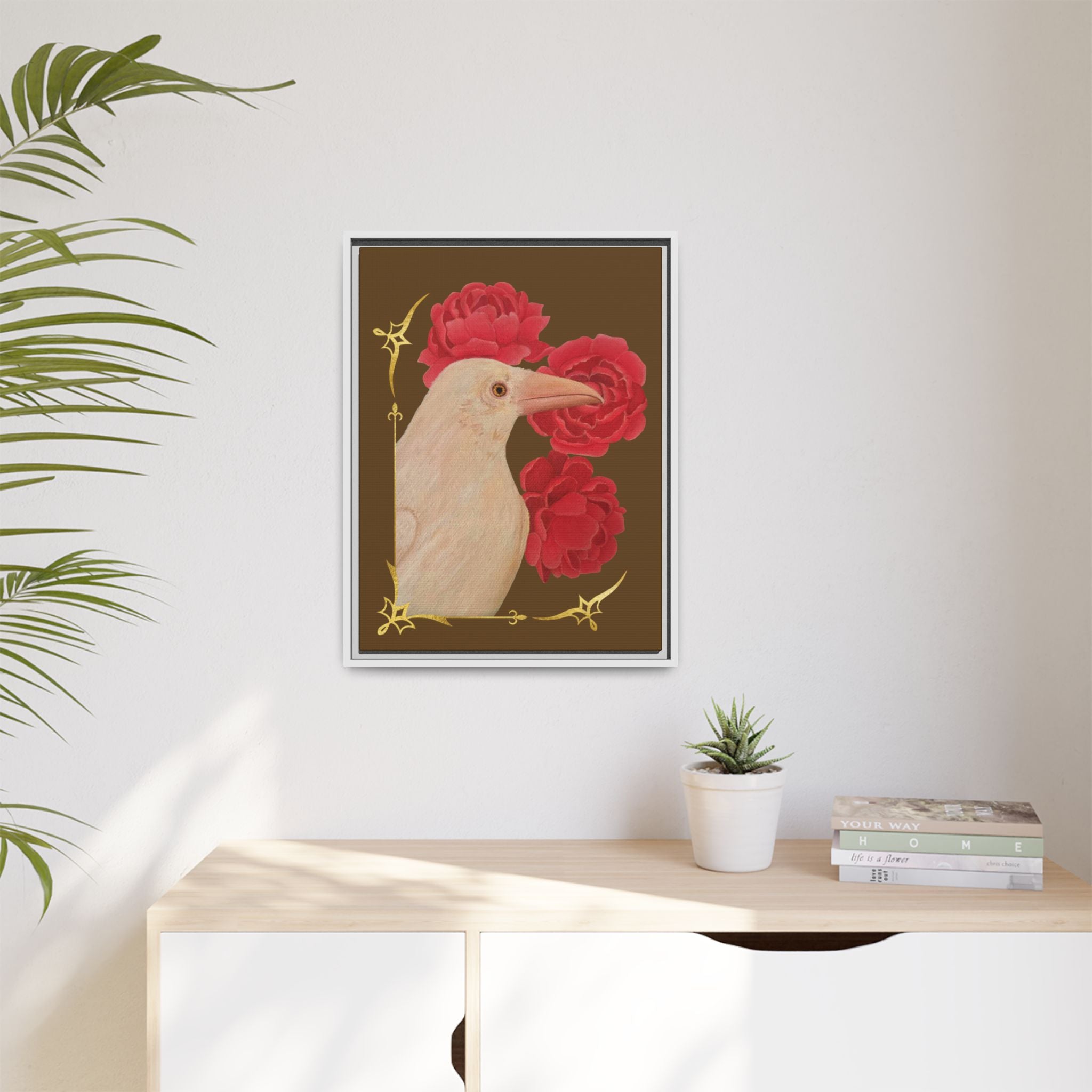 Framed Matte Canvas: White Raven with Red Peonies Art Print