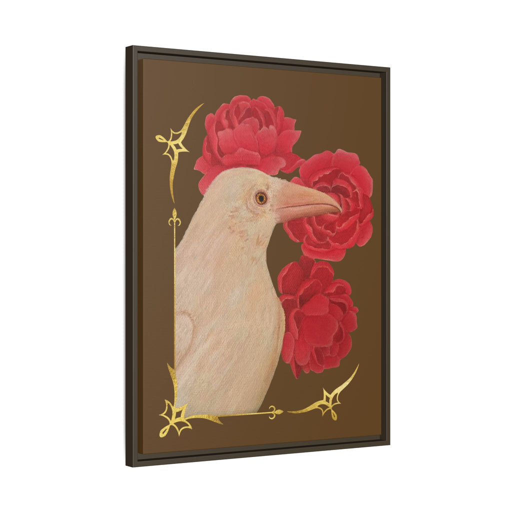 Framed Matte Canvas: White Raven with Red Peonies Art Print