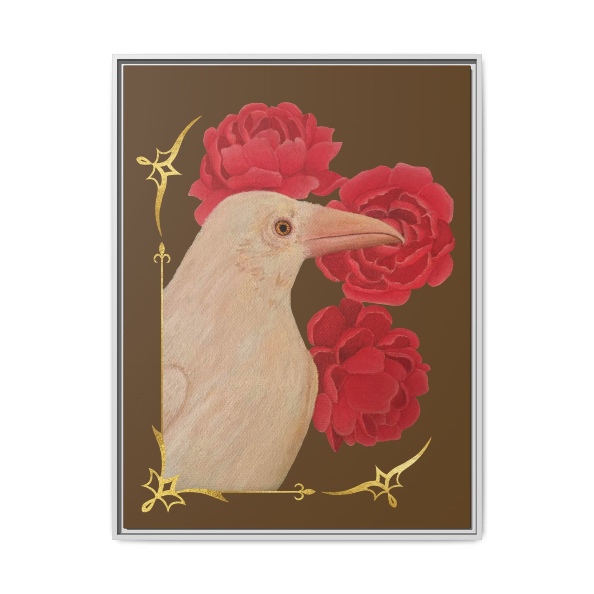 Framed Matte Canvas: White Raven with Red Peonies Art Print