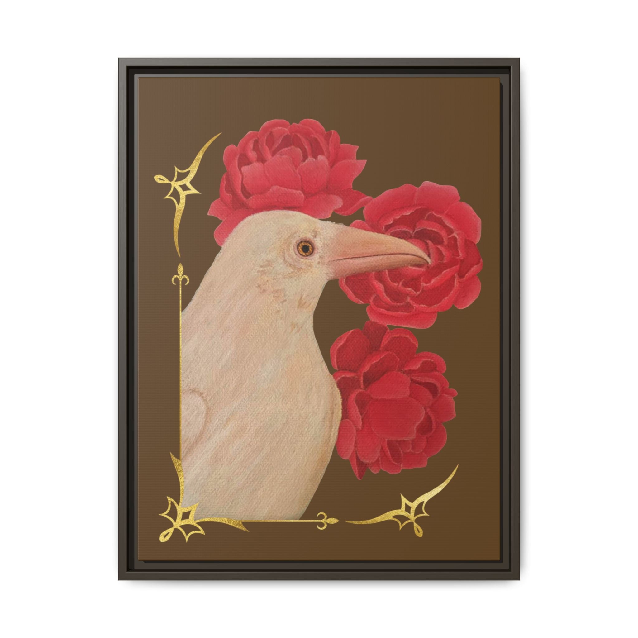 Framed Matte Canvas: White Raven with Red Peonies Art Print