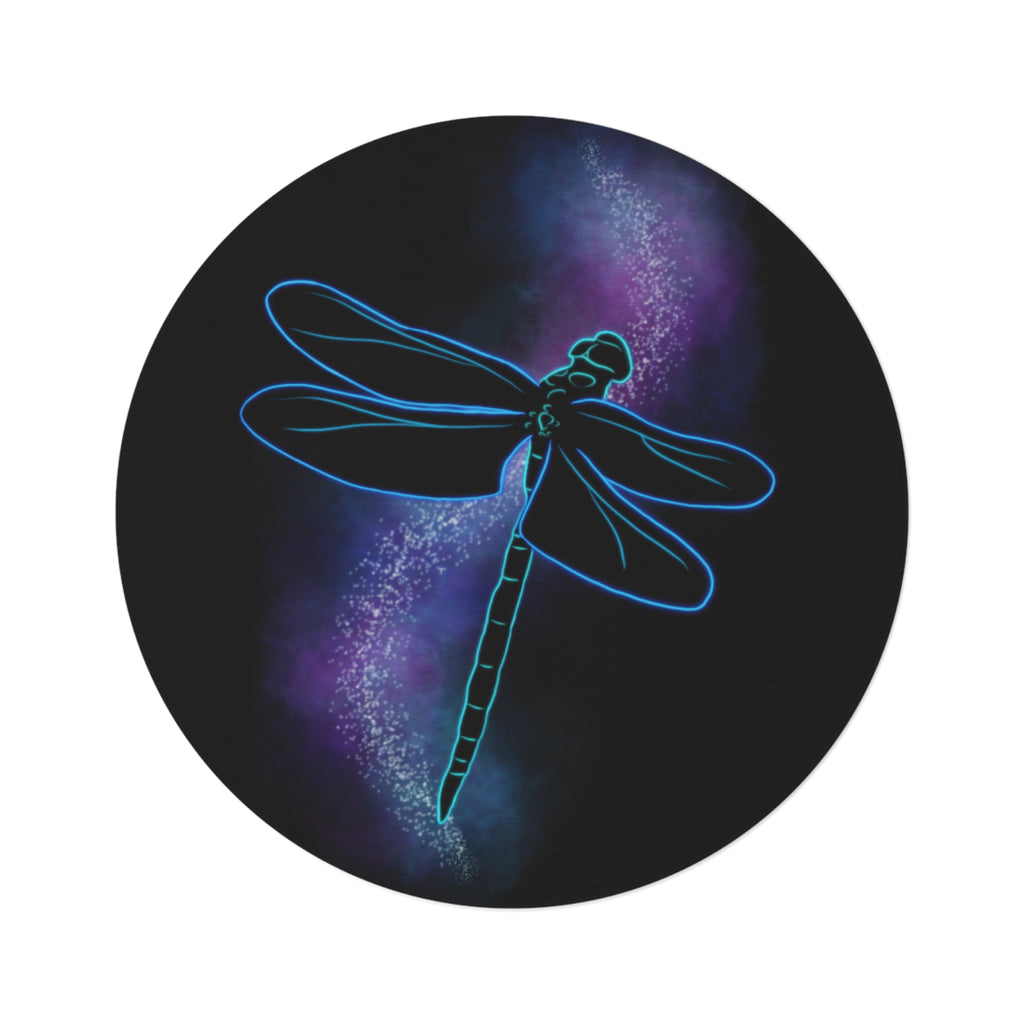 Dragonfly Galaxy Round Rug — Neon Blue Insect Accent Mat