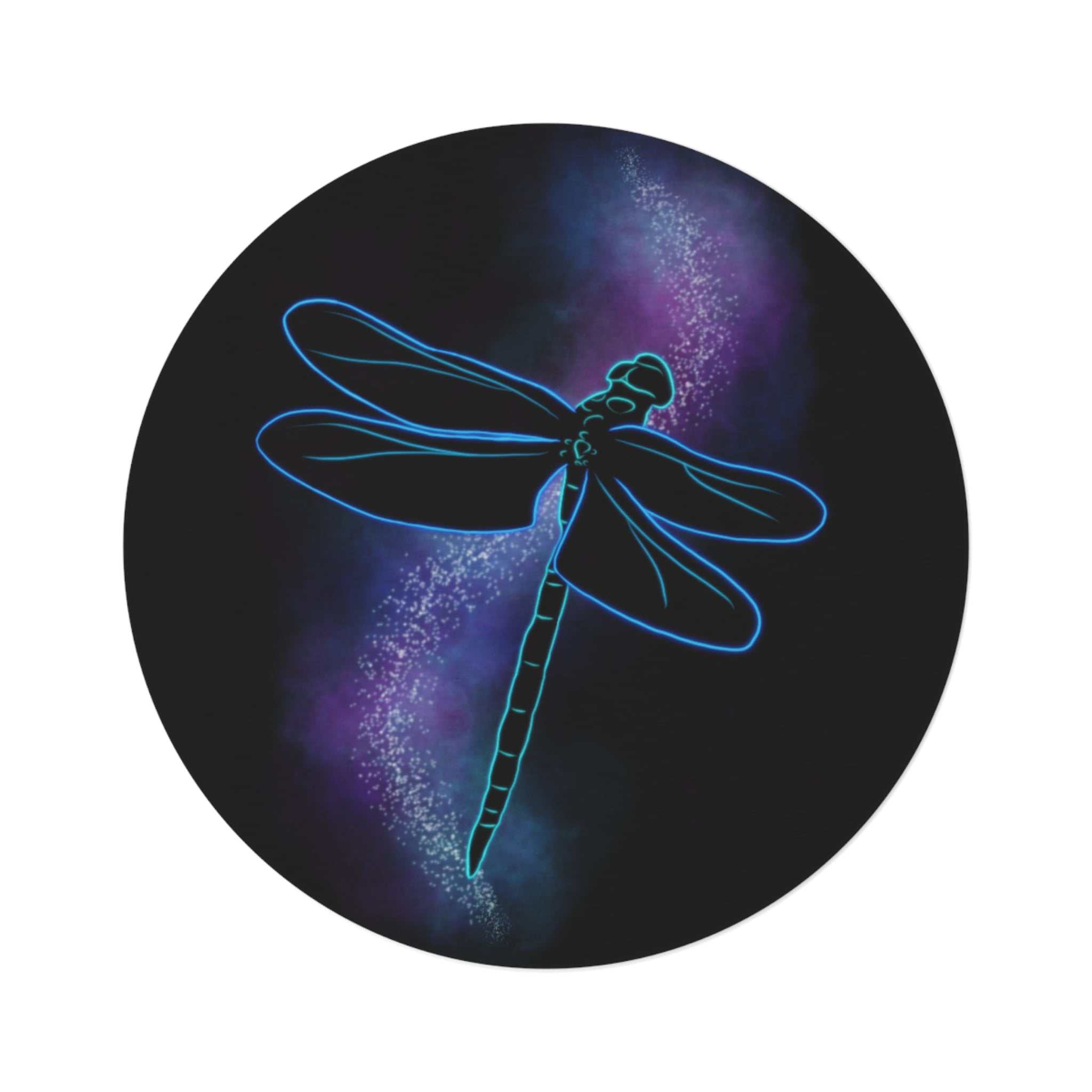 Dragonfly Galaxy Round Rug — Neon Blue Insect Accent Mat