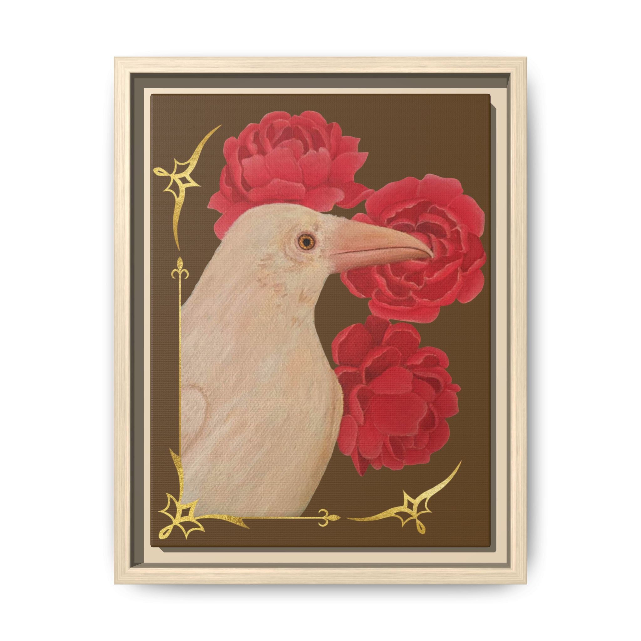 Framed Matte Canvas: White Raven with Red Peonies Art Print