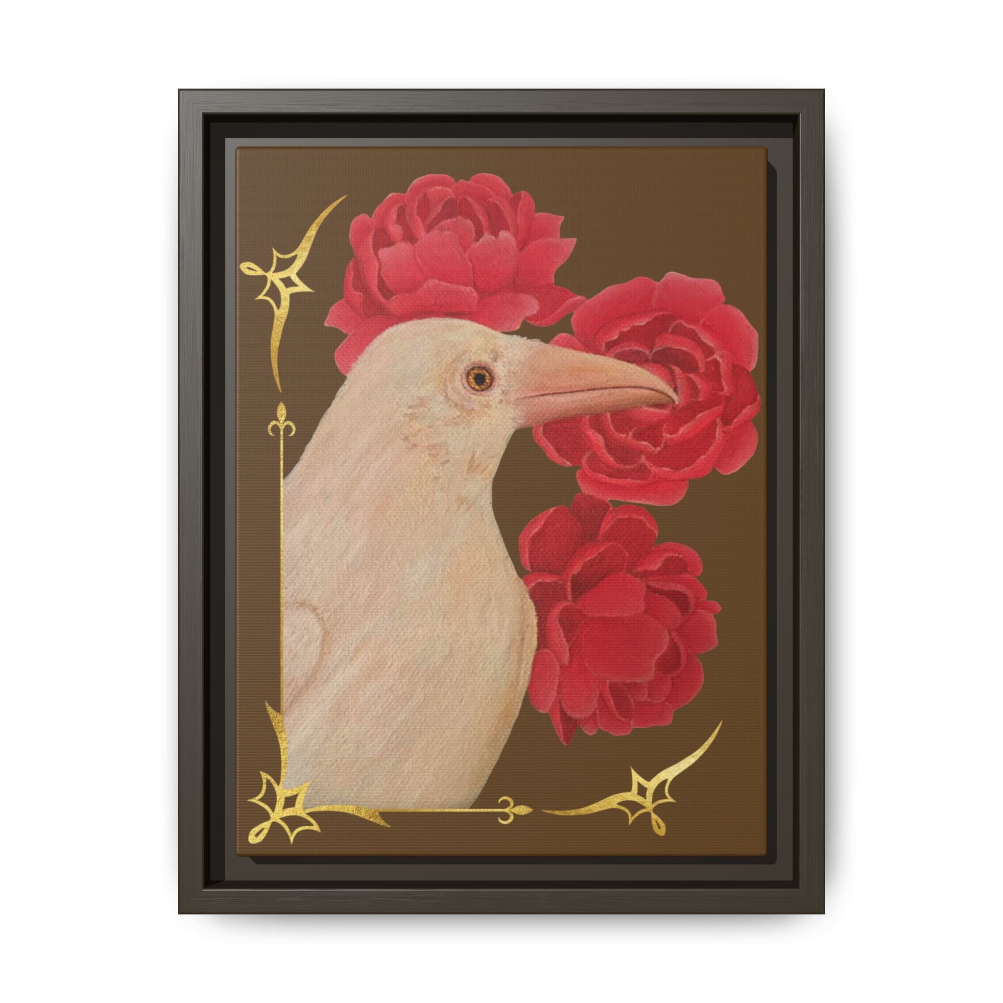 Framed Matte Canvas: White Raven with Red Peonies Art Print