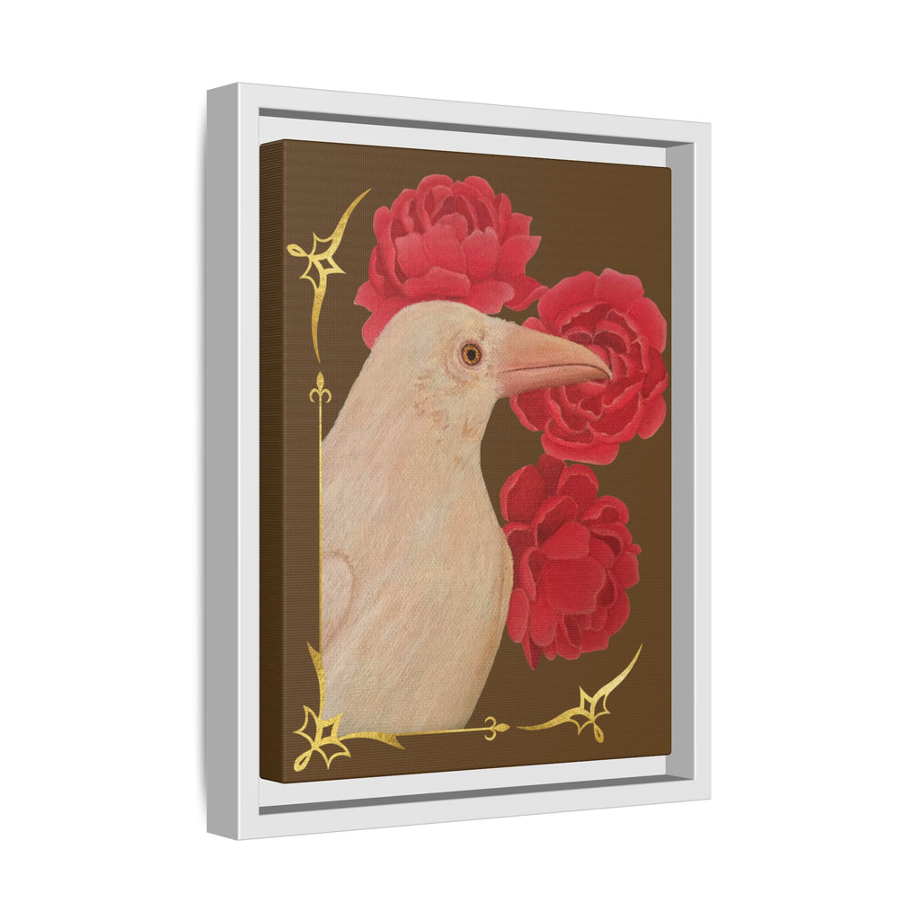 Framed Matte Canvas: White Raven with Red Peonies Art Print