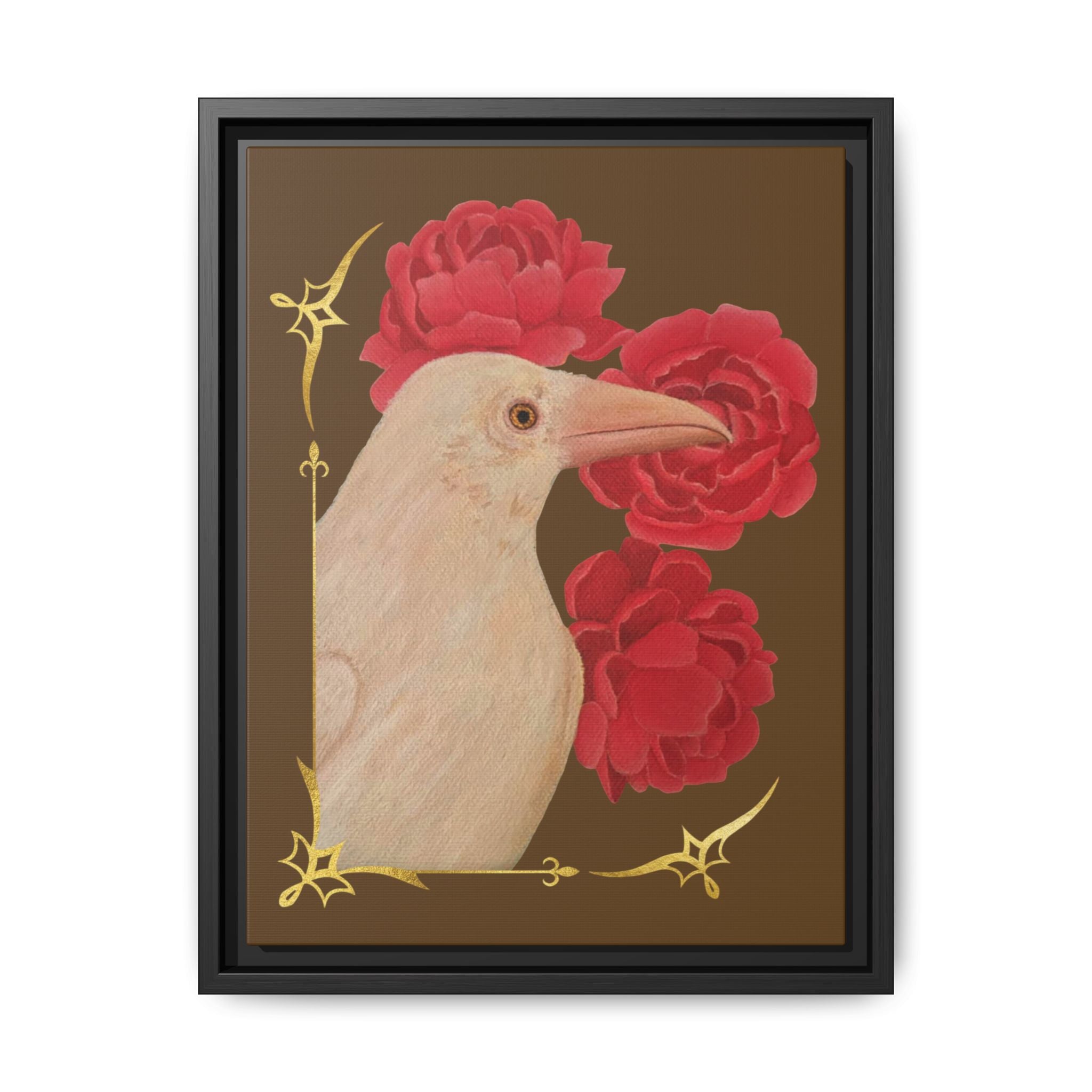 Framed Matte Canvas: White Raven with Red Peonies Art Print