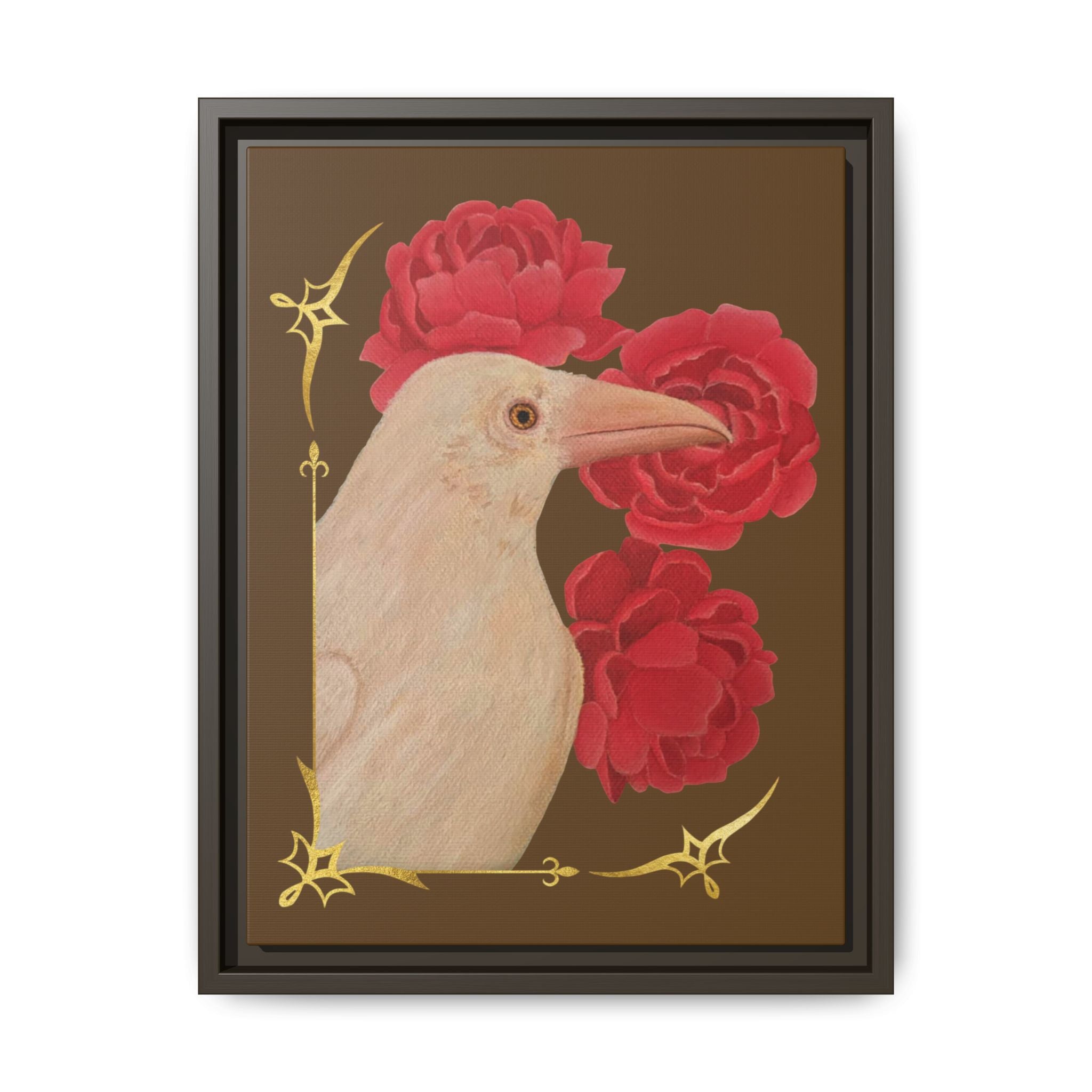 Framed Matte Canvas: White Raven with Red Peonies Art Print